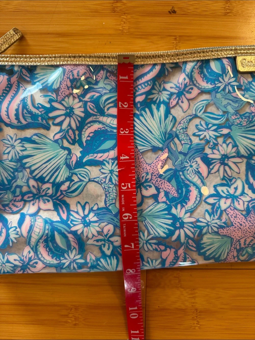 Lilly Pulitzer Blue & Pink Tropical Floral Cosmetic Pouch with Gold Trim